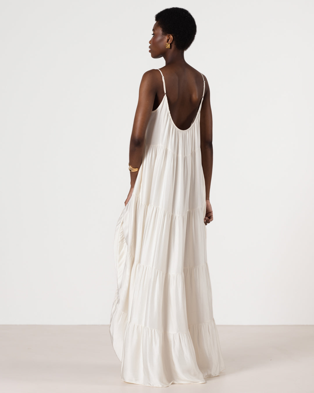 Noelle Strappy Tiered Satin Maxi Dress | Ivory