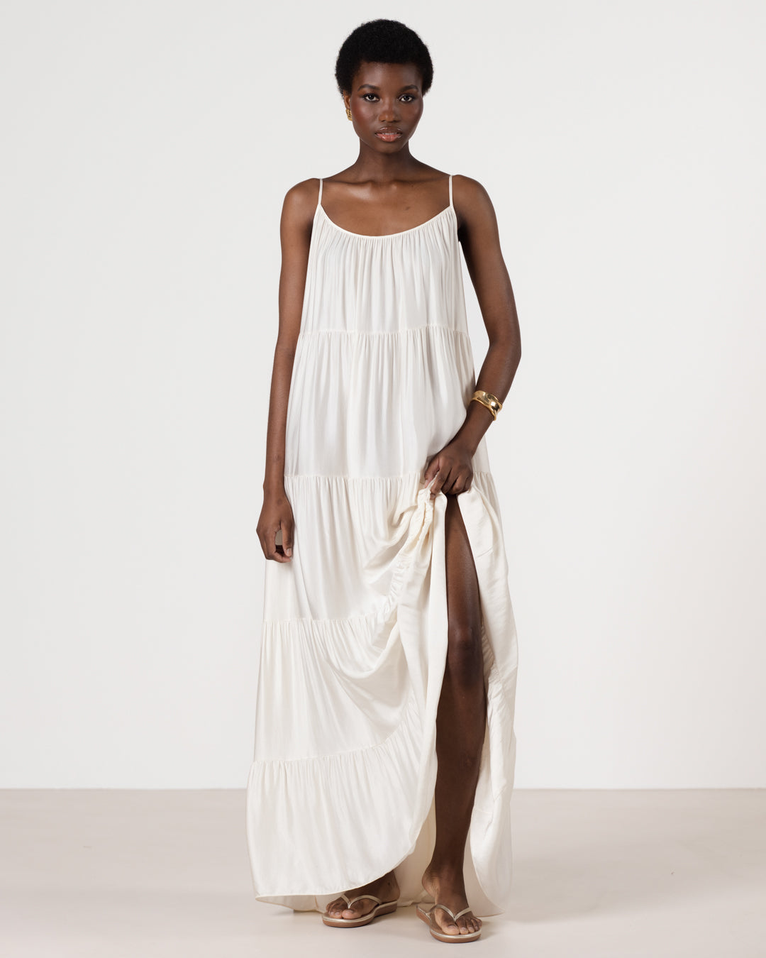 Noelle Strappy Tiered Satin Maxi Dress | Ivory