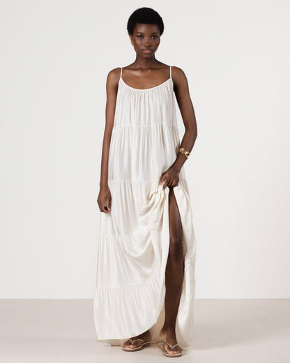 Noelle Strappy Tiered Satin Maxi Dress | Ivory