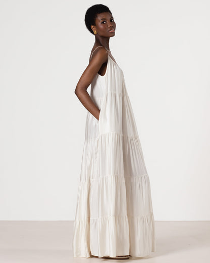 Noelle Strappy Tiered Satin Maxi Dress | Ivory