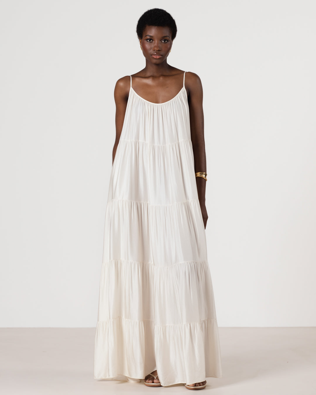 Noelle Strappy Tiered Satin Maxi Dress | Ivory