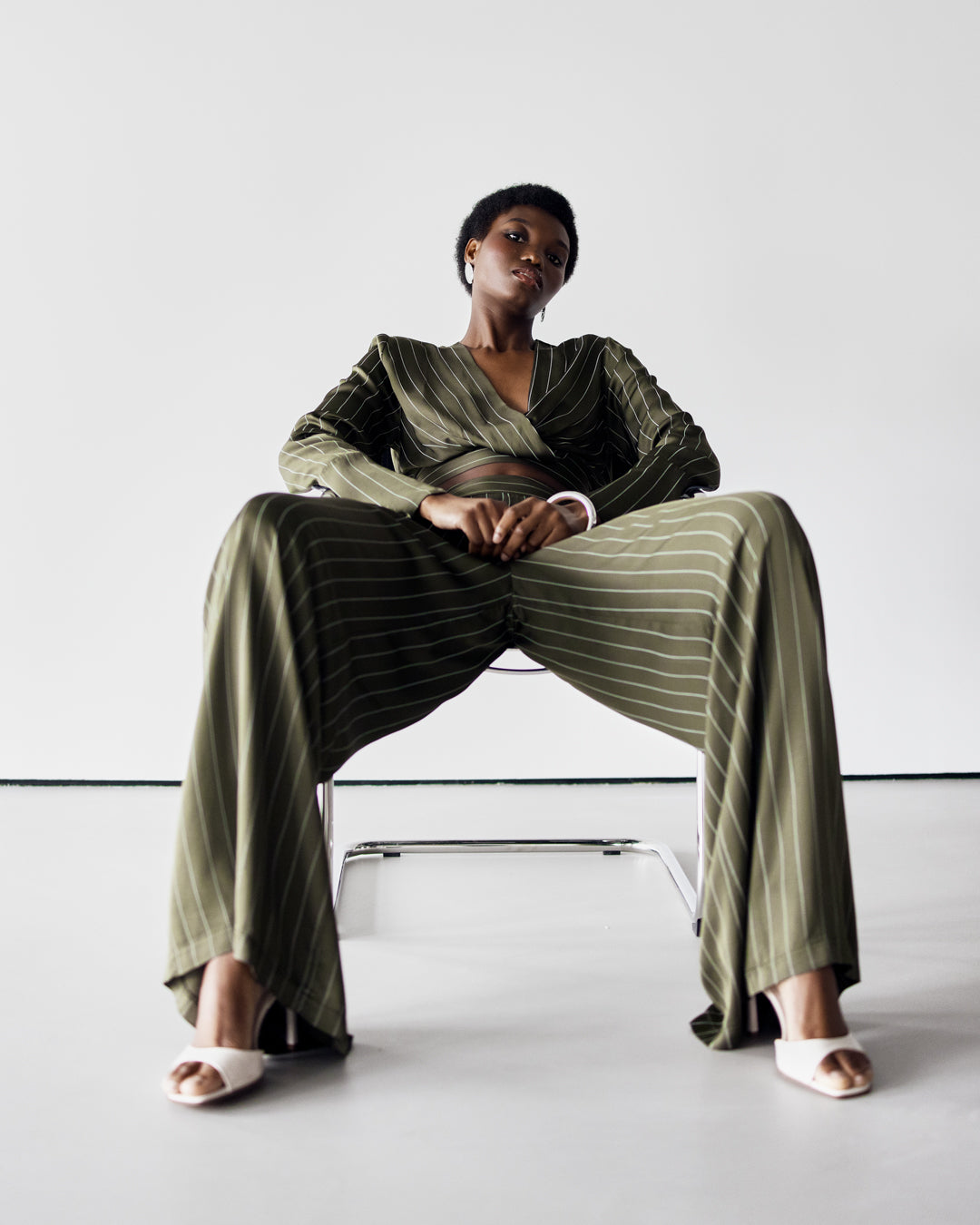 Zoe Pinstripe Elastic Wrap Satin Top | Khaki