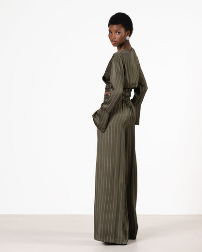 Zoe Pinstripe Elastic Wrap Satin Top | Khaki