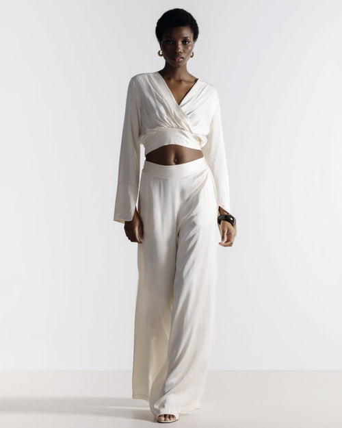 Zoe Pinstripe Elastic High Waist Satin Trousers | Ivory