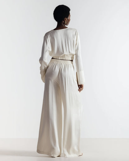 Zoe Pinstripe Elastic Wrap Satin Top | Ivory