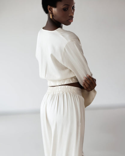 Zoe Pinstripe Elastic High Waist Satin Trousers | Ivory