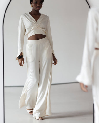 Zoe Pinstripe Elastic High Waist Satin Trousers | Ivory