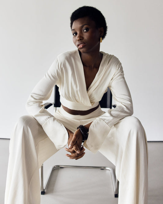 Zoe Pinstripe Elastic Wrap Satin Top | Ivory