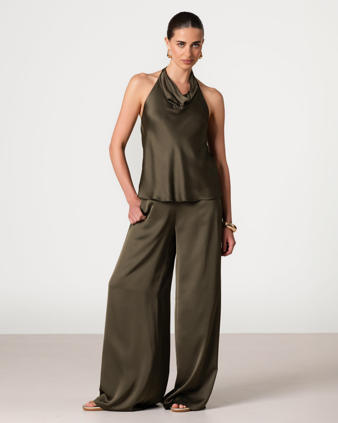 Carmen Backless Halterneck Top | Khaki
