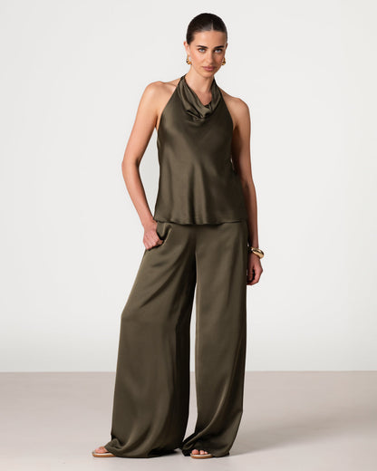 Carmen Backless Halterneck Top | Khaki