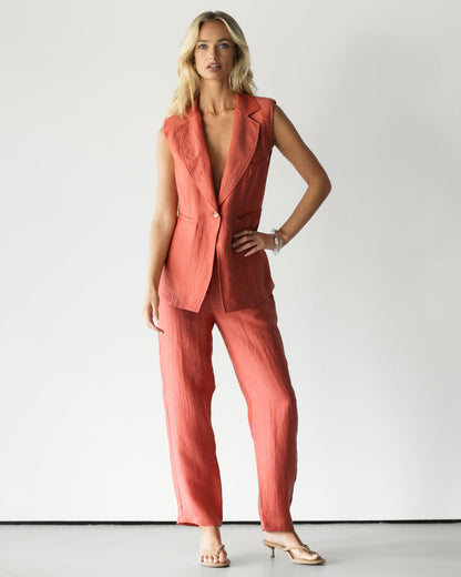 Maris Sleeveless Linen Blazer | Coral