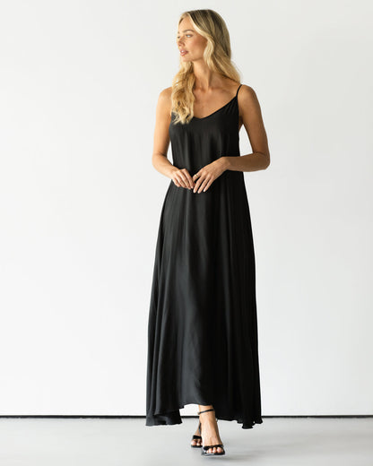 Nyra Slip Satin Maxi Dress | Black