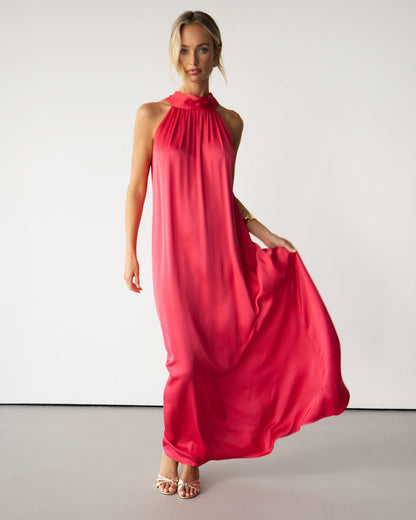 Ruby Halterneck Satin Dress | Raspberry