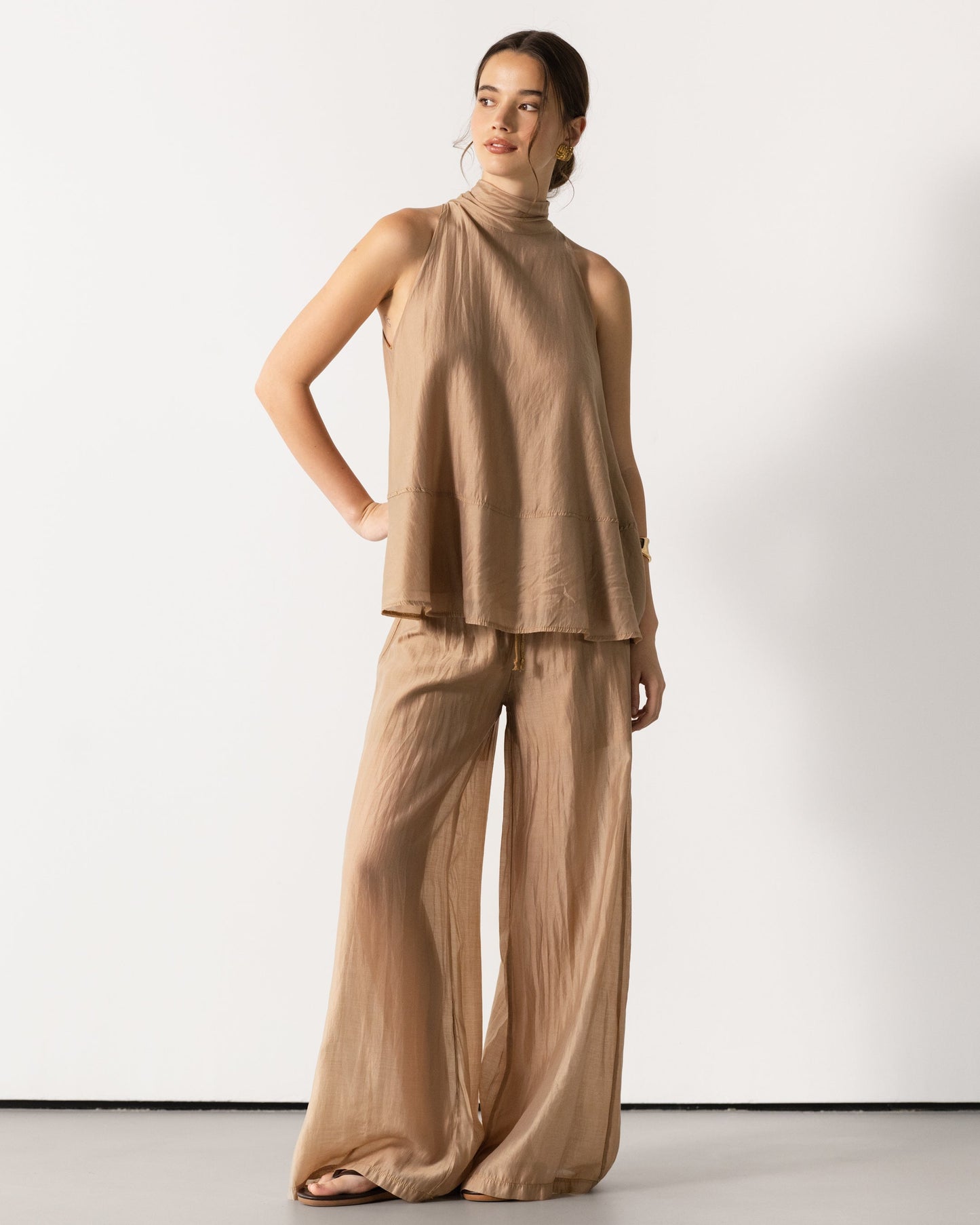 Clotilde Lightweight Elastic Waist Pants Trousers | Sand