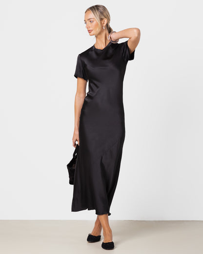 Saskia Short Sleeve Satin Dress | Black