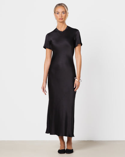 Saskia Short Sleeve Satin Dress | Black