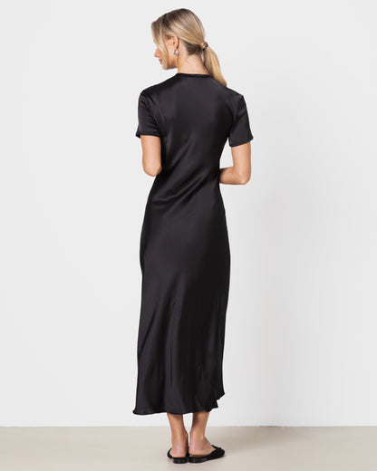 Saskia Short Sleeve Satin Dress | Black