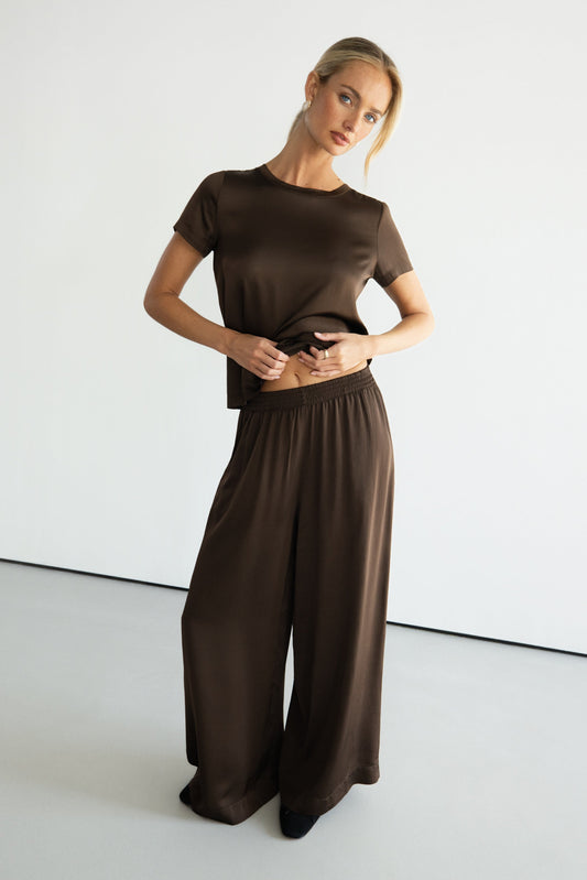 Daisy Elastic Waist Satin Pants | Chocolate Brown