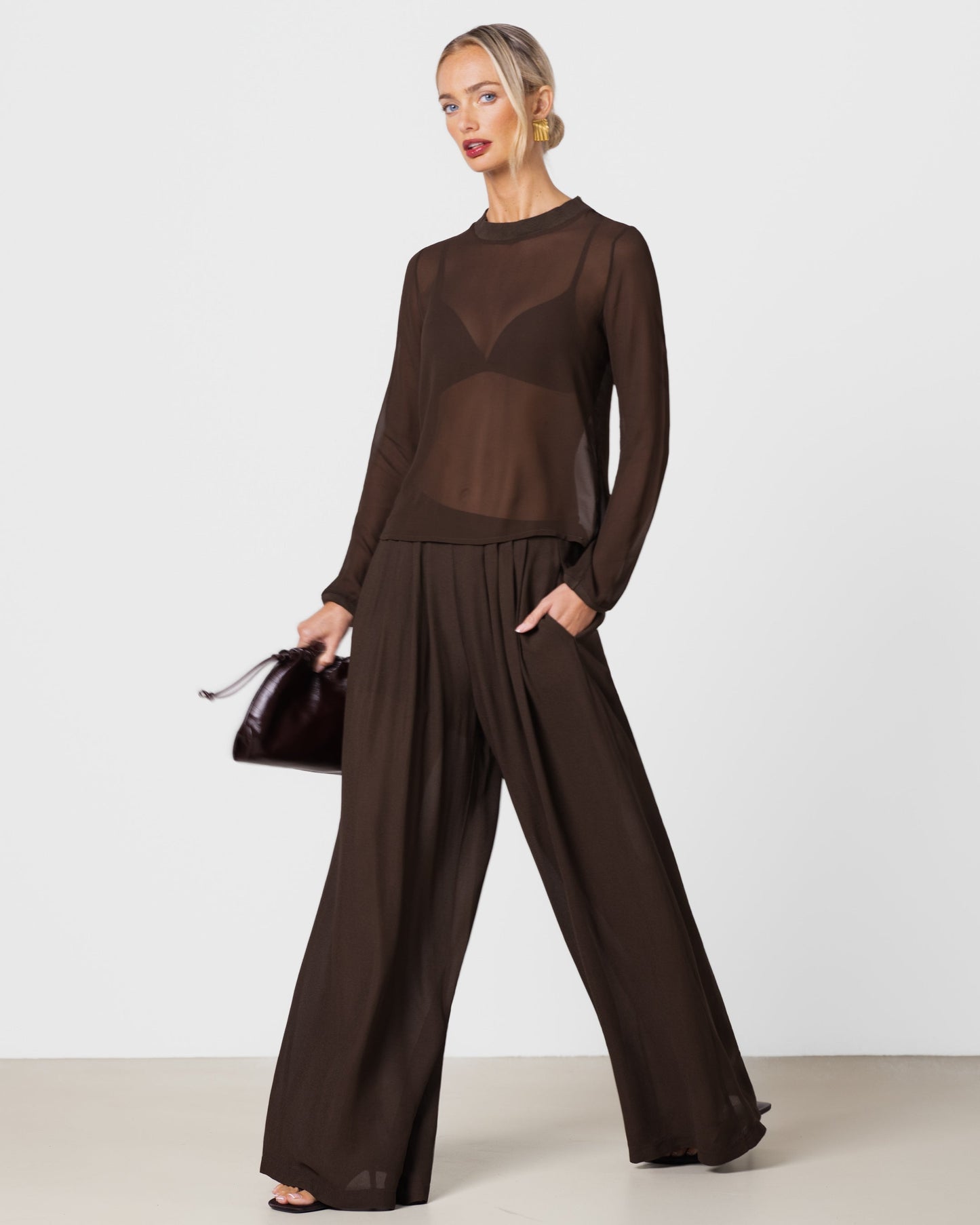 Verity Sheer Elastic Waist Trousers | Chocolate Brown