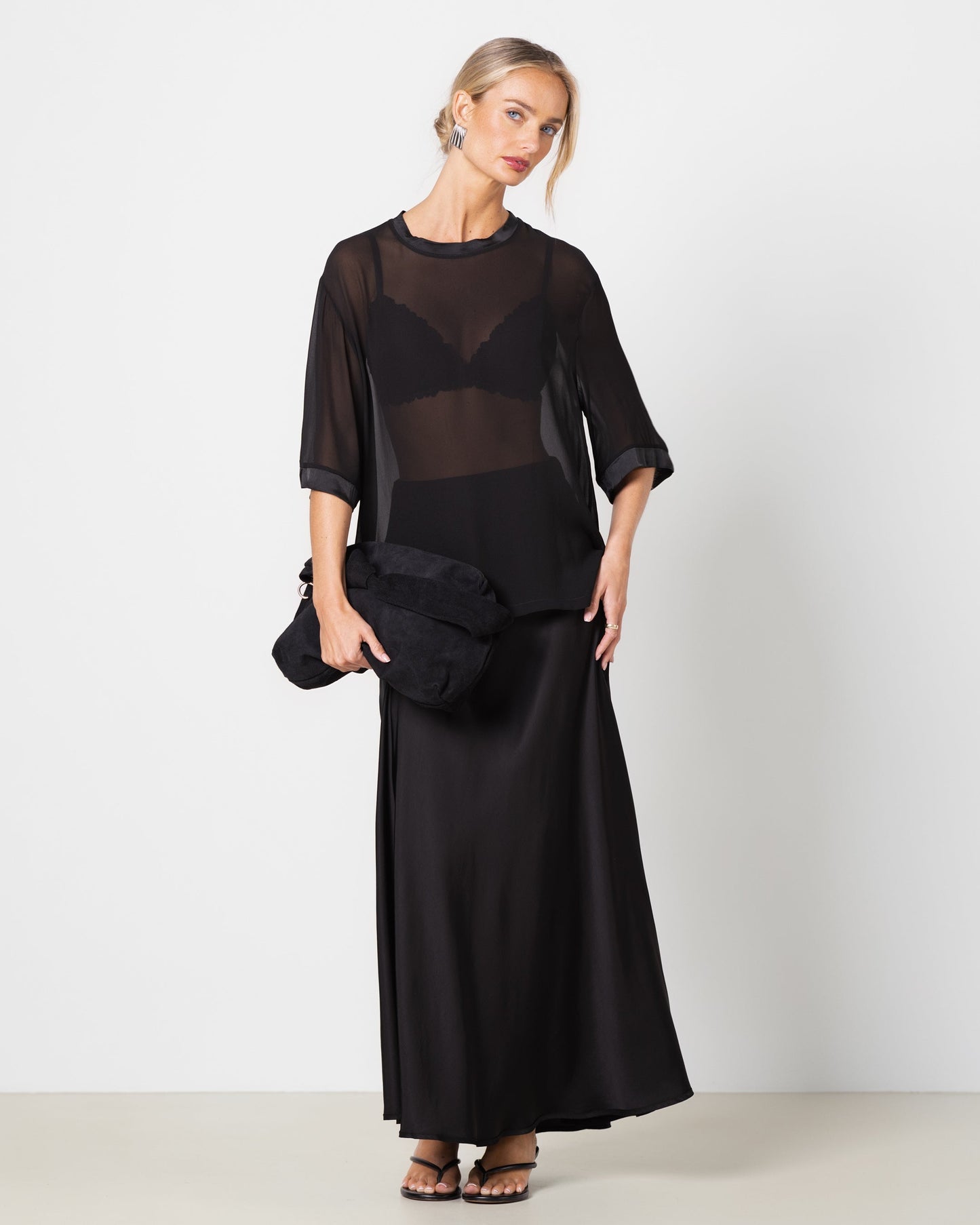 Zadie Sheer Satin Trim Top | Black