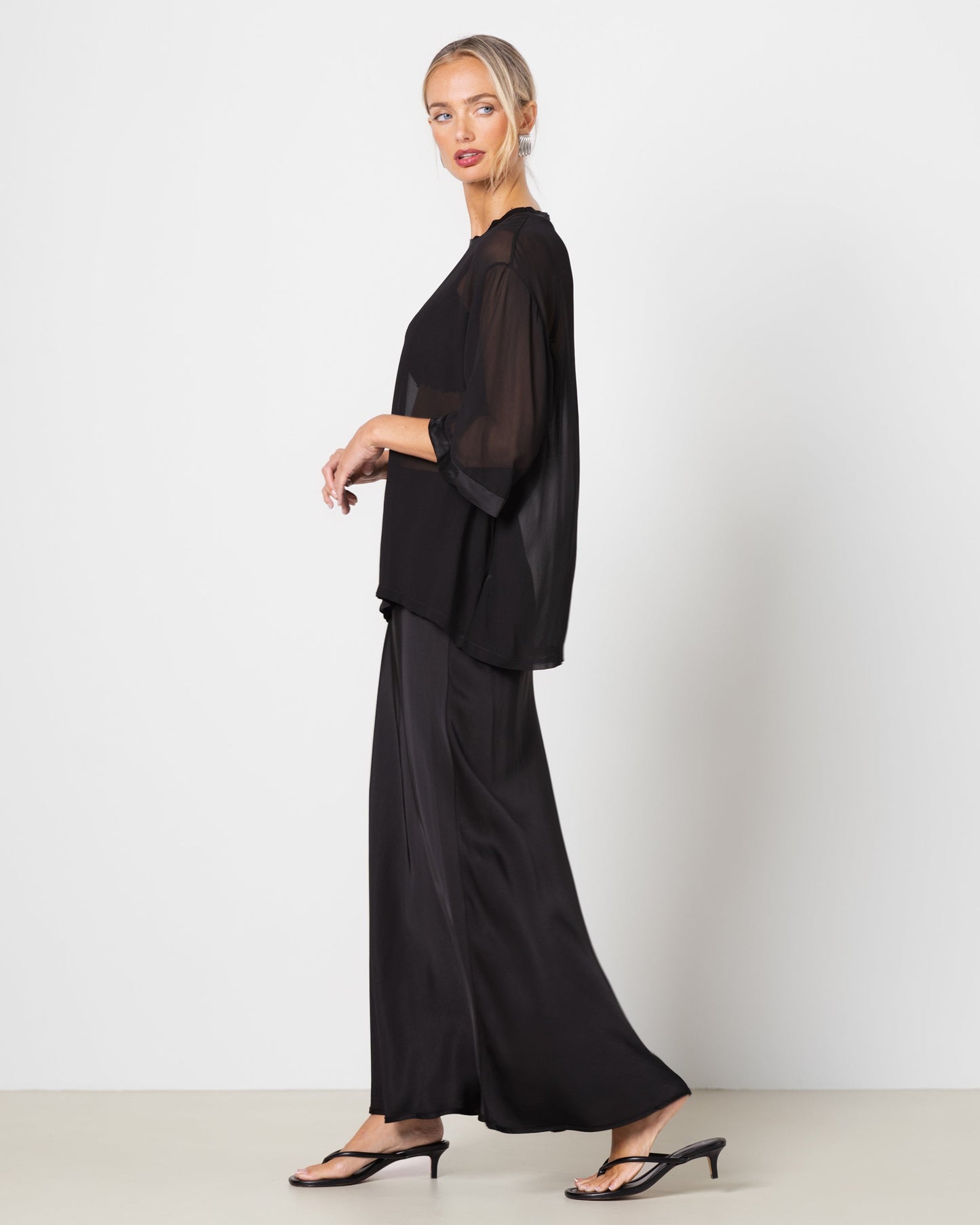 Zadie Sheer Satin Trim Top | Black