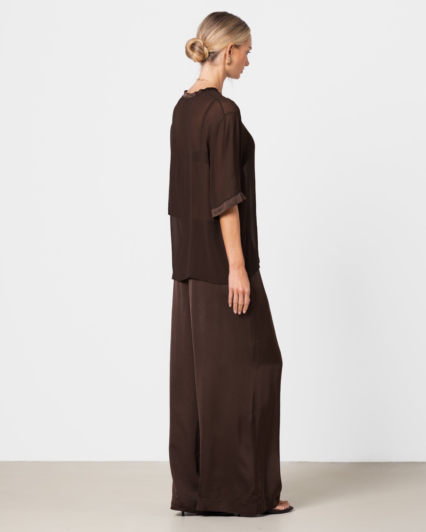 Zadie Sheer Satin Trim Top | Chocolate Brown