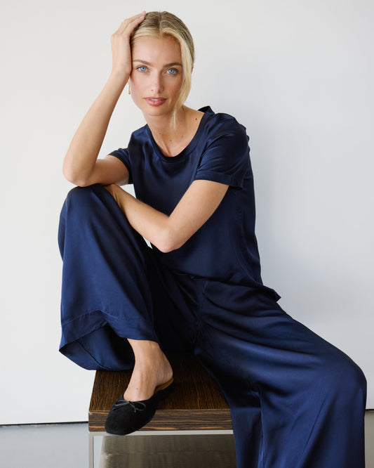 Matilda Satin T-Shirt | Navy