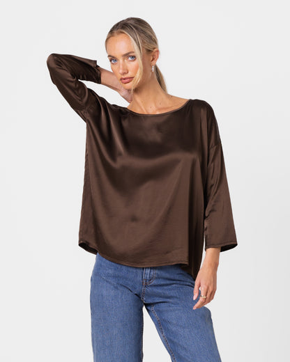 Georgiana Lightweight Satin Top | Chocolate Brown