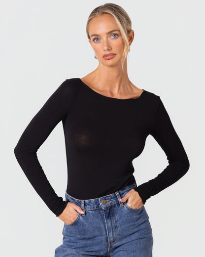 Mae Featherweight Boatneck Top | Black | Modal-Cashmere