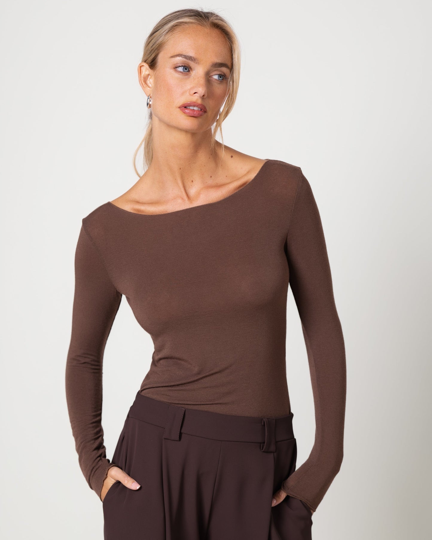 Mae Featherweight Boatneck Top | Brown | Modal-Cashmere
