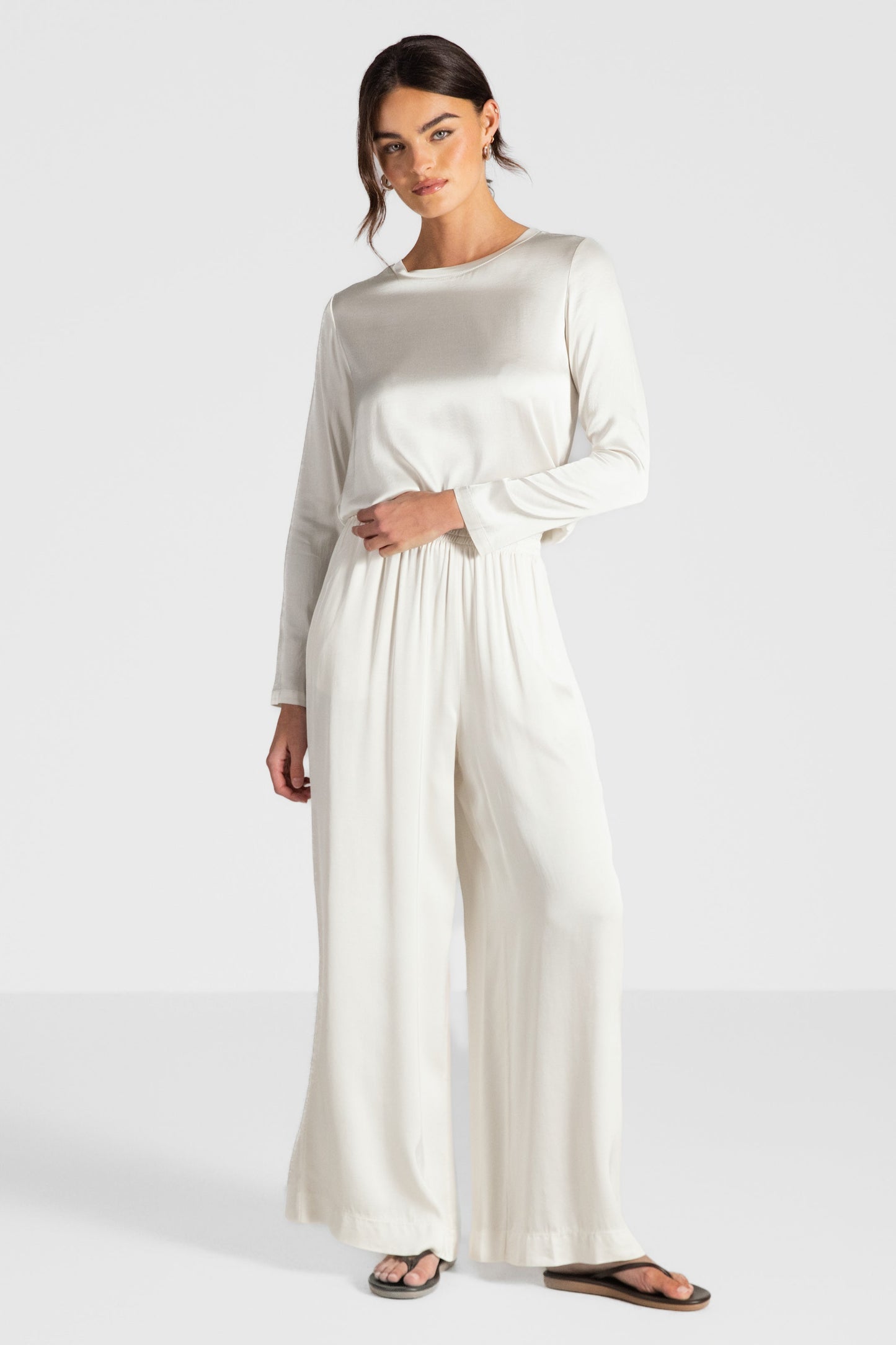 Daisy Elastic Waist Satin Pants | Ivory