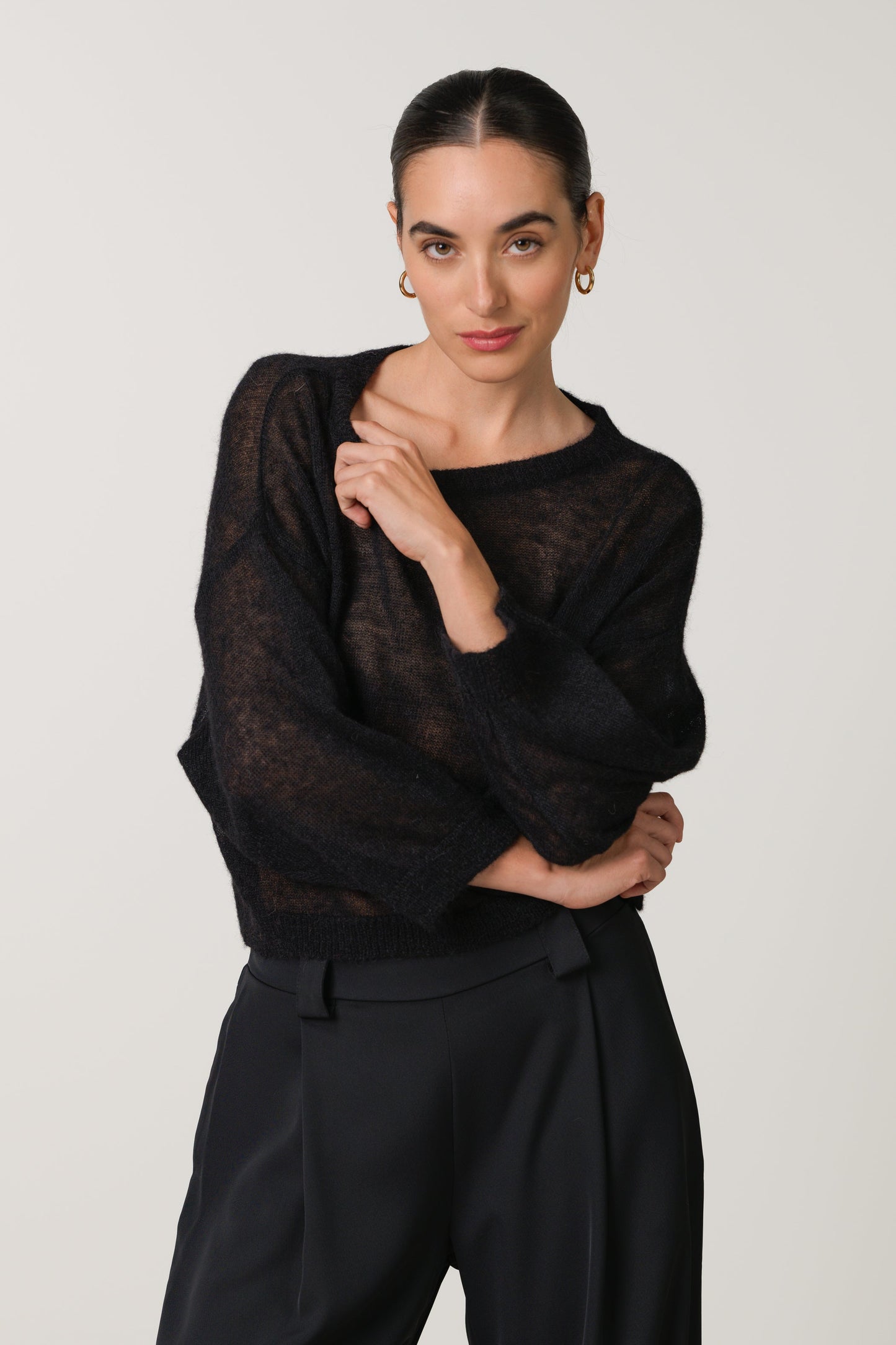Willow Boxy Sheer Sweater | Black | Alpaca Blend
