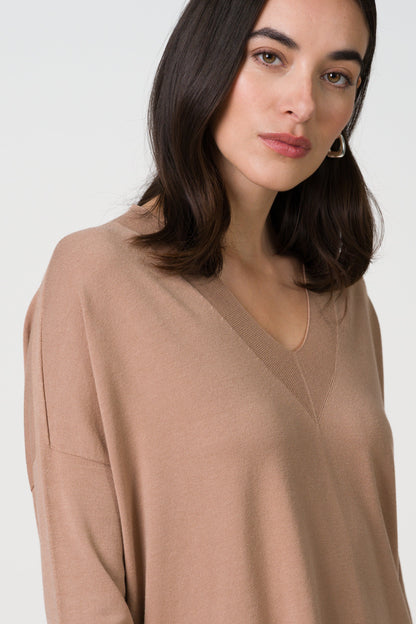 Layla V Neck Sweater | Chestnut Brown | Fine Knit