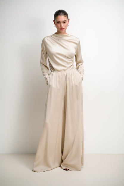Helena Elastic Waist Satin Trousers | Light Beige