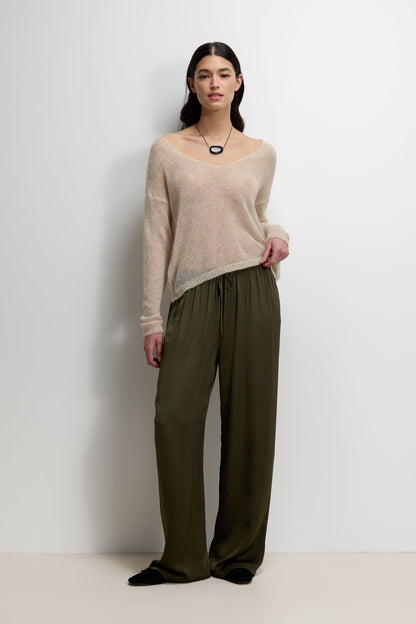 Corin Elastic Waist Satin Trousers | Khaki