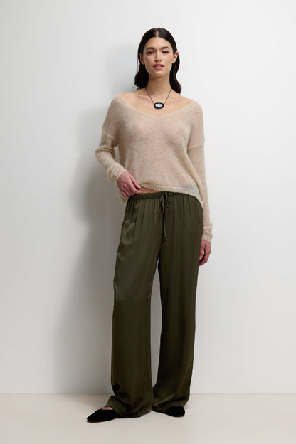 Corin Elastic Waist Satin Trousers | Khaki