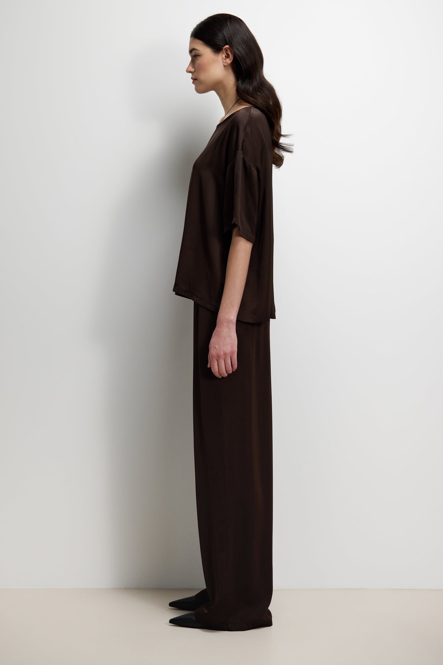 Corin Elastic Waist Satin Trousers | Espresso Brown