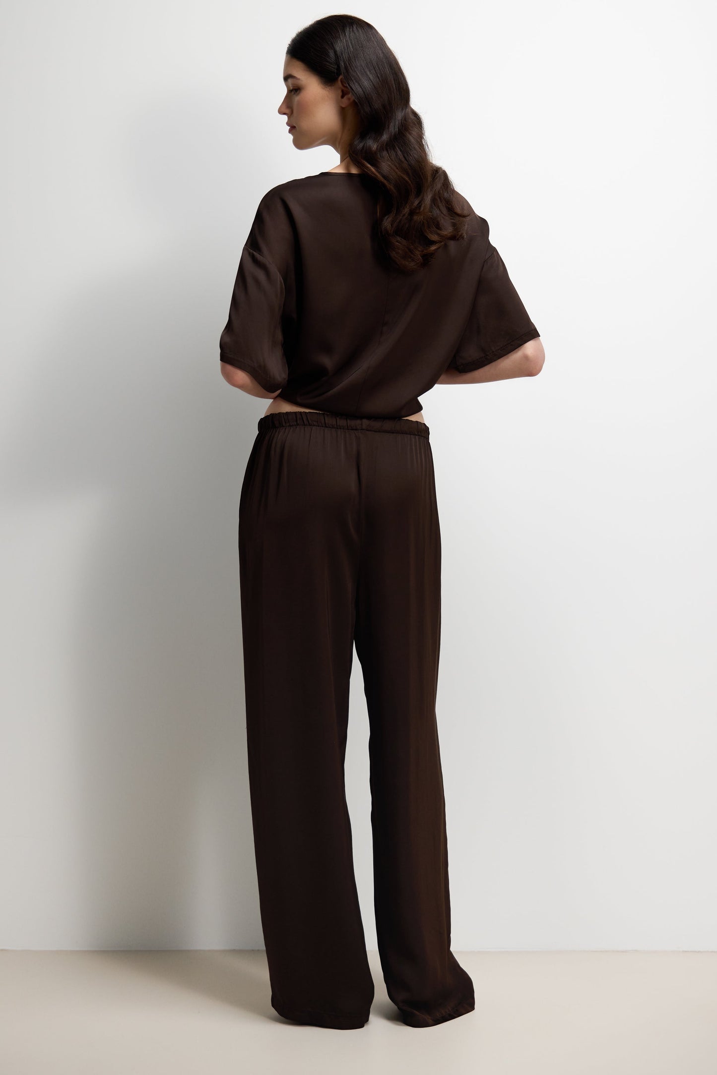 Corin Elastic Waist Satin Trousers | Espresso Brown