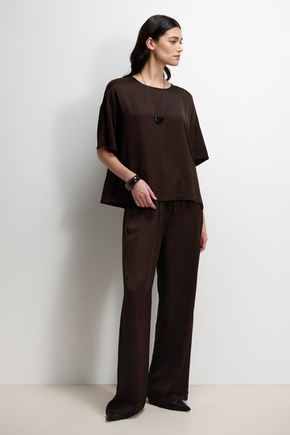 Corin Elastic Waist Satin Trousers | Espresso Brown