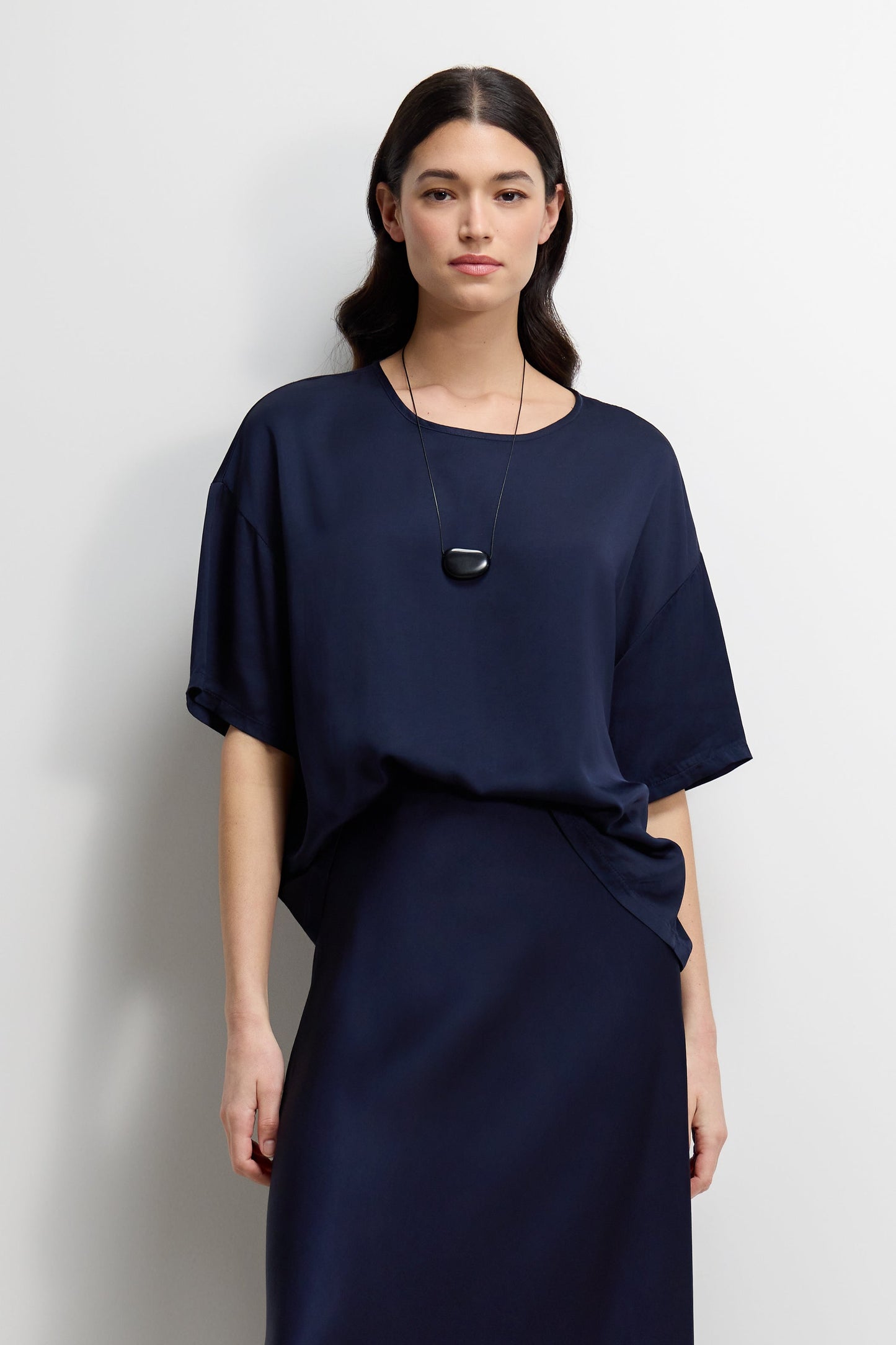 Mila Back Slit Satin Top | Navy