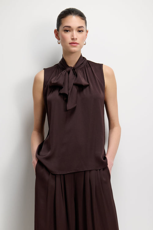 Lyanne Bow Neck Tie Blouse | Espresso Brown Moire