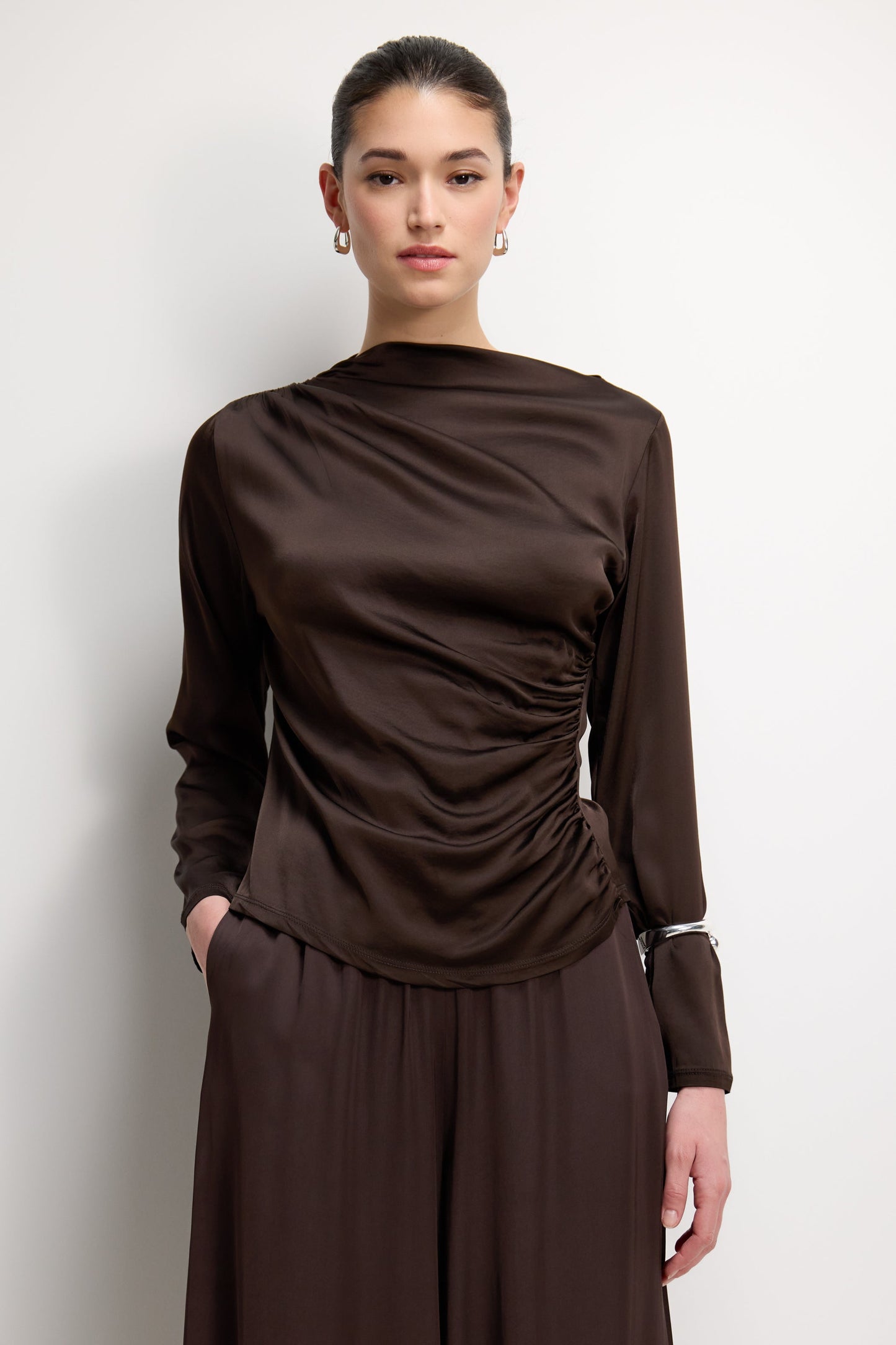 Allegra Asymmetric Long Sleeve Top | Espresso Brown