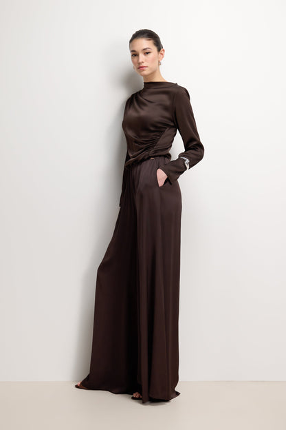 Helena Elastic Waist Satin Trousers | Espresso Brown