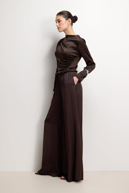 Helena Elastic Waist Satin Trousers | Espresso Brown