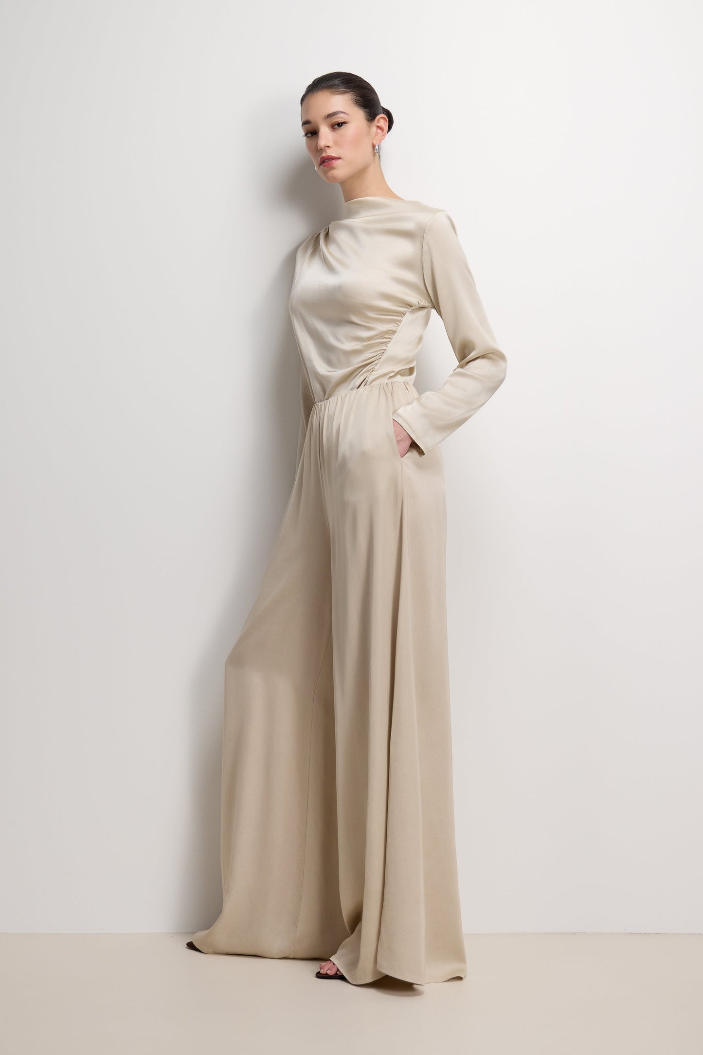 Helena Elastic Waist Satin Trousers | Light Beige