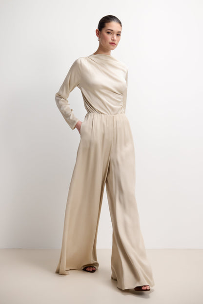 Helena Elastic Waist Satin Trousers | Light Beige