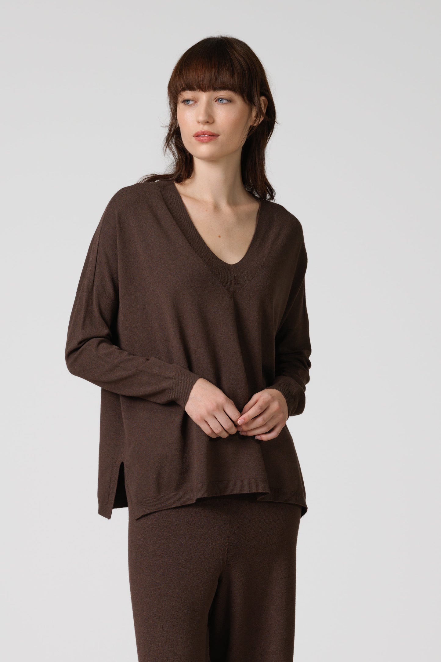 Layla V Neck Sweater | Chocolate Brown | Fine Knit