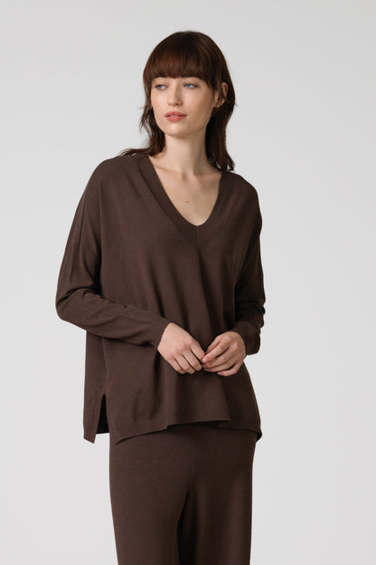 Layla V Neck Sweater | Chocolate Brown | Fine Knit