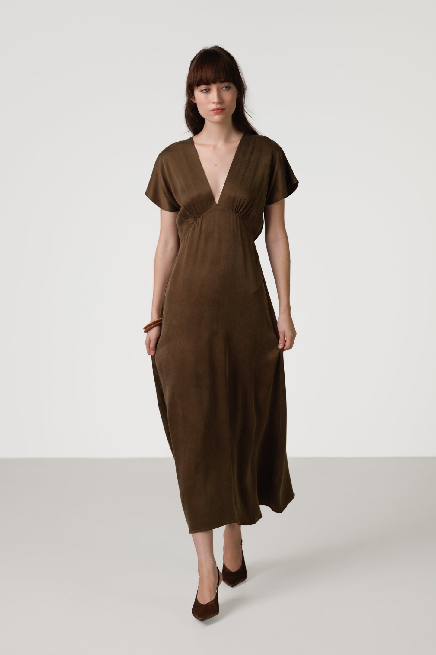 Cressida V Neck Cupro Dress | Chestnut Brown