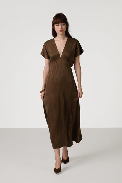 Cressida V Neck Cupro Dress | Chestnut Brown